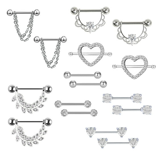 opvise 8 Pairs Heart Leaves Rhinestone Women Barbell Nipple Ring Body Piercing Jewelry