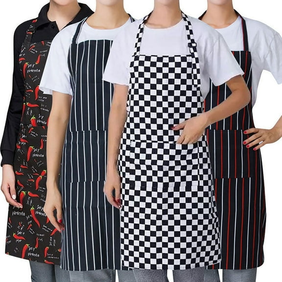 opvise Apron Striped with Pocket Unisex Plaid Long Cooking Apron for Catering Red Pepper