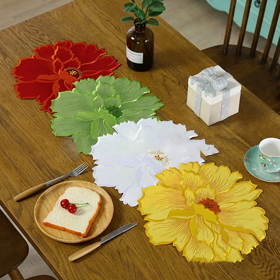 opvise Beautiful Flower Shape Placemat Exquisite Fine Texture Polyester Dinner Mat for Home White