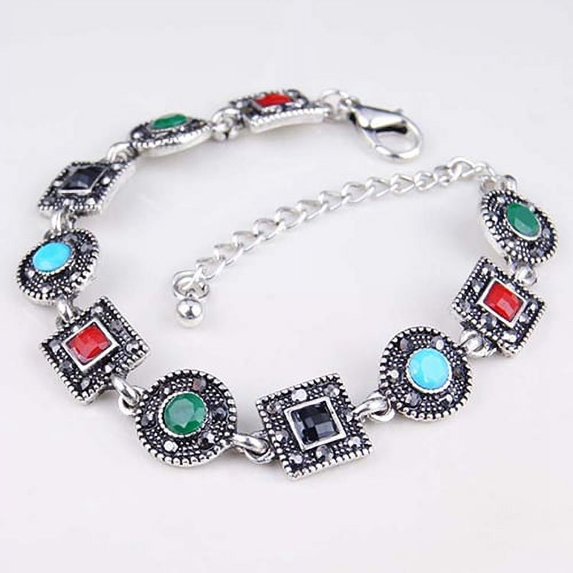 opvise Boho Women Circles Square Colorful Resin Carved Ethnic Bracelet Party Jewelry