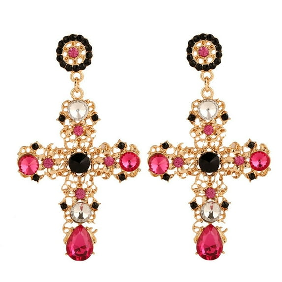 opvise Boho Women Rhinestone Inlaid Hollow Cross Dangle Ear Drop Earrings Jewelry Gift Red