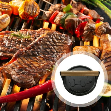 opvise Burger Press with Wooden Handle Heavy-Duty Cast Iron Nonstick Bacon Press Piggy Pattern Round Meat Press for Kitchen Black