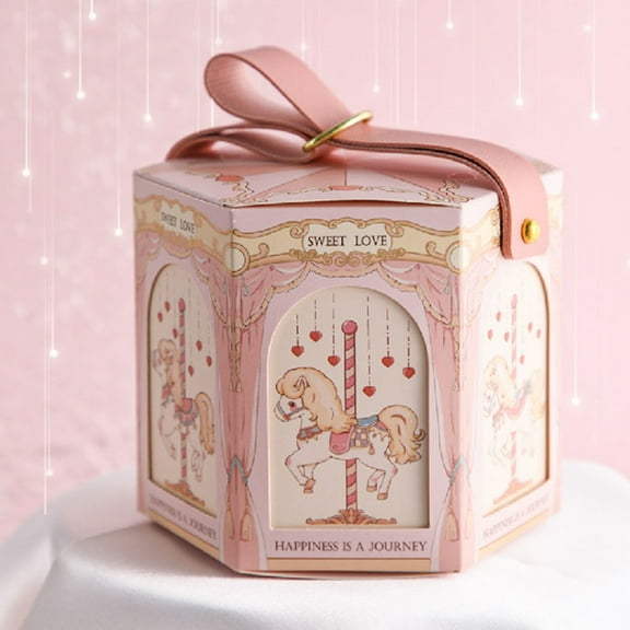 opvise Candy Box Portable Cartoon Print Carousel Pattern Dispense Candy Paper Jam Lovely Gift Bag Candy Box Pink