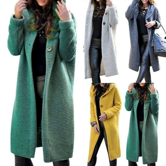 opvise Chic Women Solid Color Long Sleeve Hooded Knitted Sweater Cardigan Coat Outwear Dark Green