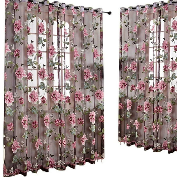 opvise Door Blinds Window Peony Printed Transparent Tulle Curtain Room Divider Valance Yellow