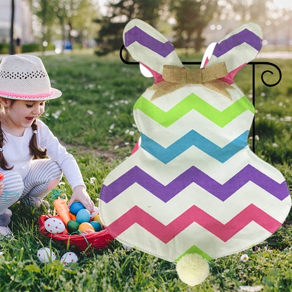 opvise Easter Hanging Flag Bowknot Pompom Rabbit Bunny Shape Colorful Wavy Striped DIY Weather-proof Happy Easter Garden Flag Party Supplies Multicolor
