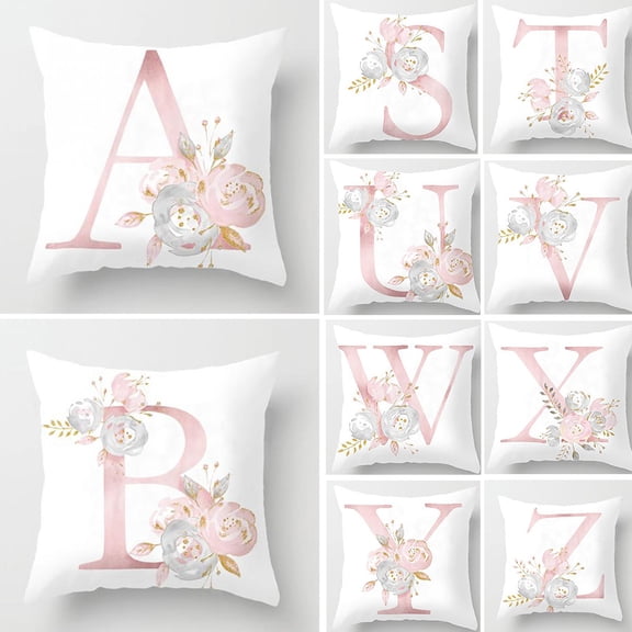 opvise English Alphabet Floral Print Pillow Case Waist Cushion Cover Wedding Bed Decor E
