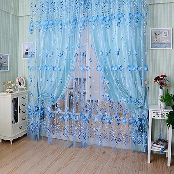 opvise Floral Tulle Voile Door Window Curtain Drape Panel Sheer Scarf Valances Divider Blue