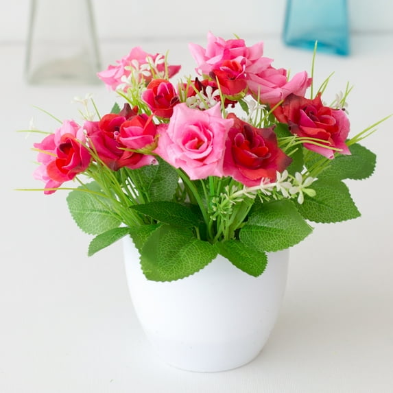 opvise Imitation Potted Flower Rose Hotel Decoration Plastic Bookshelf Table Artificial Flower Pot for Mothers Day Blue