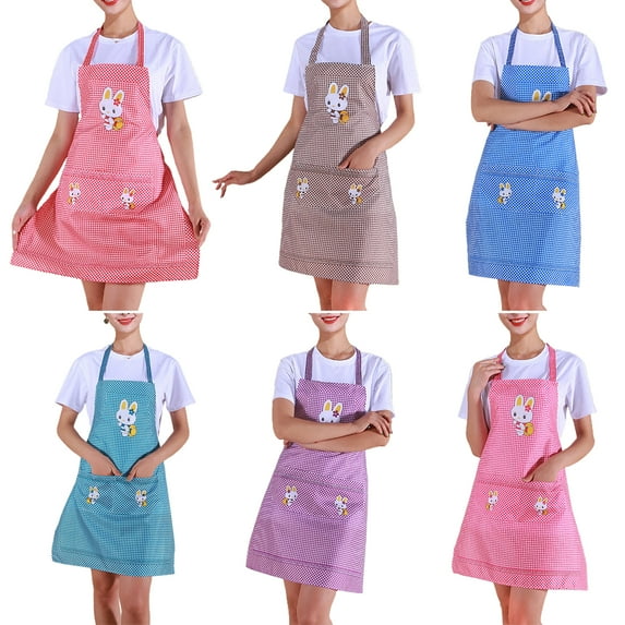 opvise Kitchen Apron Sleeveless Waterproof Oil-proof Comfortable Adjustable Home Cleaning Tools Double Pocket Cute Cartoon Rabbit Lady Apron Khaki