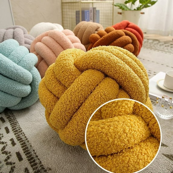 opvise Knotted Ball Throw Pillow Ultra Soft Companionship Decorative Hand-woven Knotted Ball Lamb Velvet Sofa Cushion Yellow