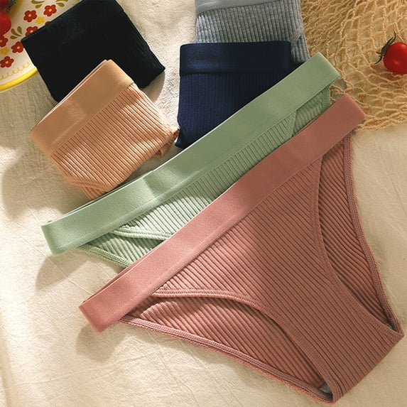 opvise Low-rise Elastic Waistband Seamless Female Briefs Soft Solid Color Ribbed Cotton Panties Green L