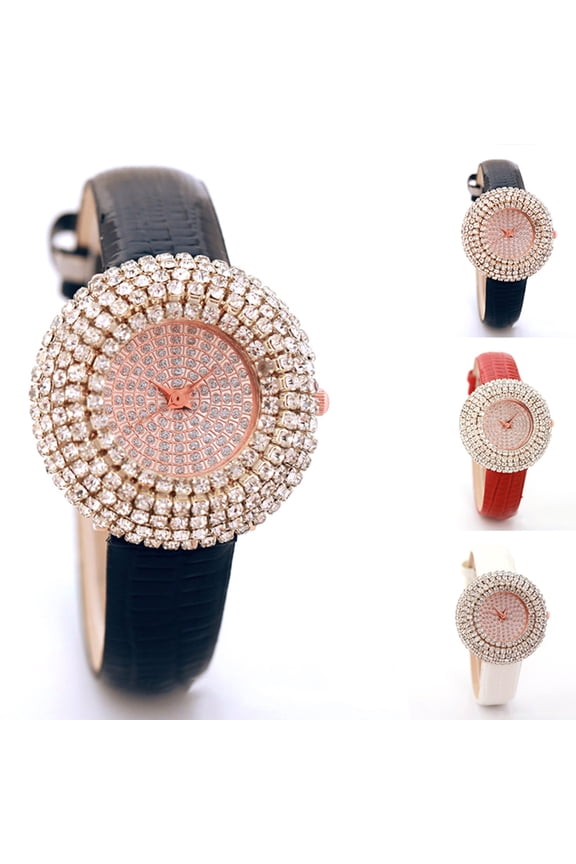 Luxury Full Rhinestone Round Dial Faux Leather Strap Quartz Women Wrist Watch Red