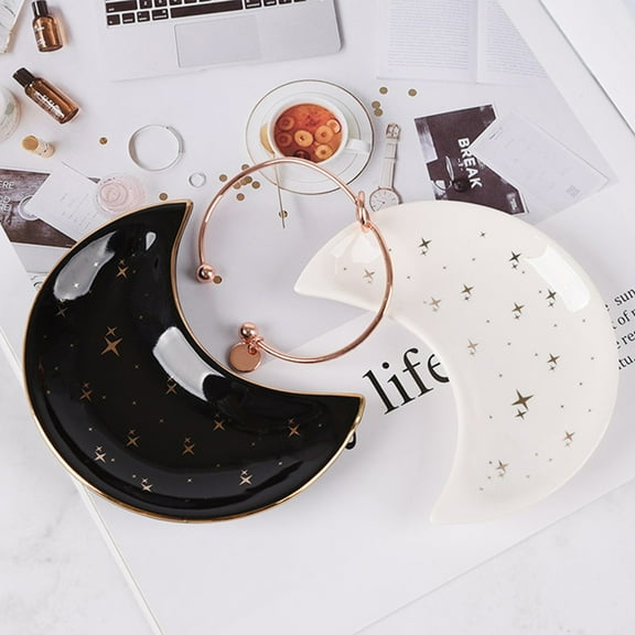 opvise Moon Shape Decorative Jewelry Dish Ceramic Engagement Rings Trinket Dish Wedding Decor Blue 1