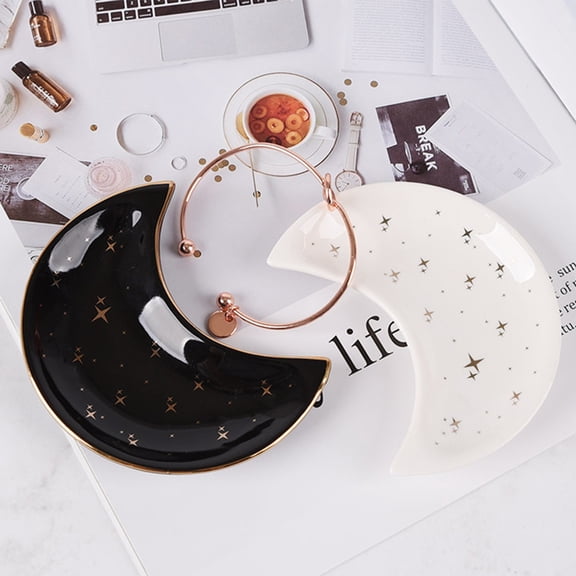 opvise Moon Shape Decorative Jewelry Dish Ceramic Engagement Rings Trinket Dish Wedding Decor White 1
