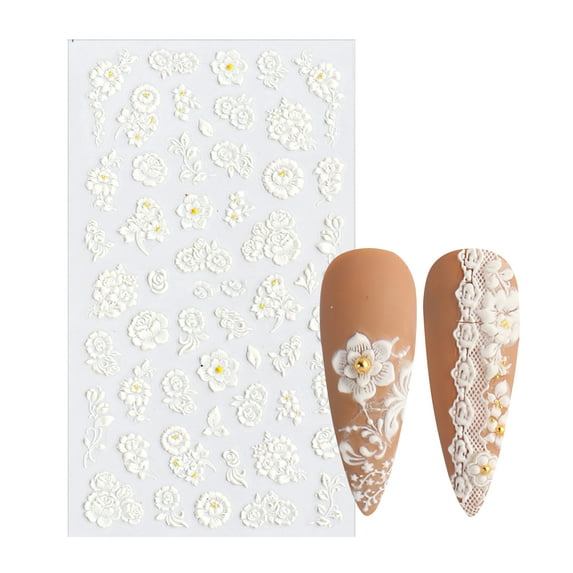 opvise Nail Sticker Lace Design 5D Engraved Nail Art Decoration Manicure White Rose Flower Tips for Female