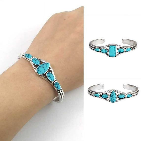 opvise Opening Carving Hollow Out Cuff Bracelet Vintage Turquoises Women Bangle Accessories