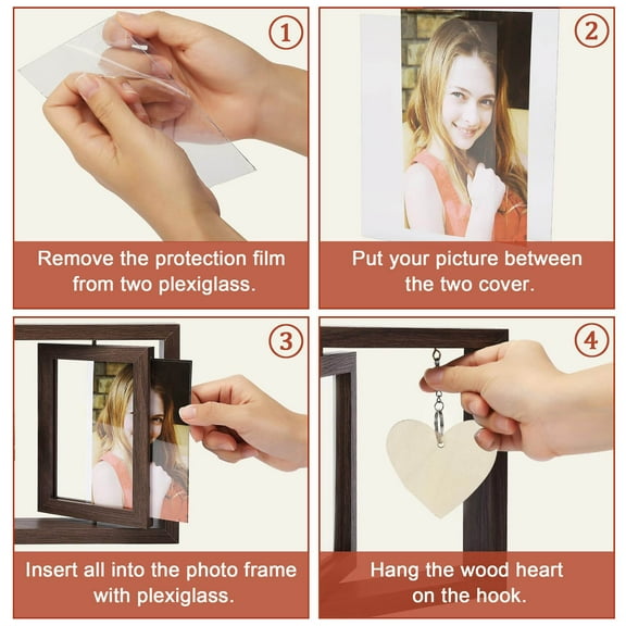 opvise Photo Frame Double Sided Rotating Wooden Picture Frame with Engraved Heart Pendant Gift for Dad Husband Friend Tan