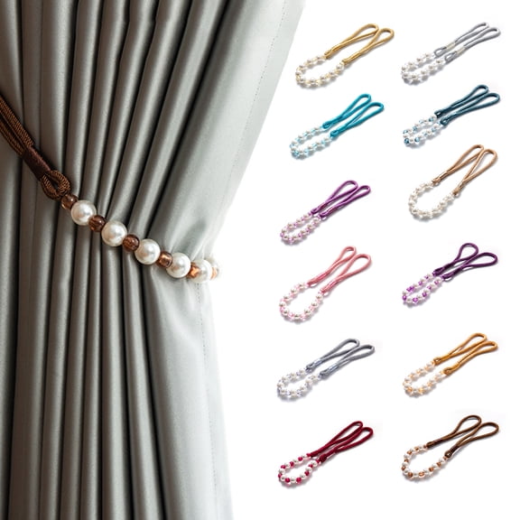 opvise Punch Free Beaded Pearl Magnetic Curtain Tieback Rope Buckle Holder Strap Decor Golden Yellow