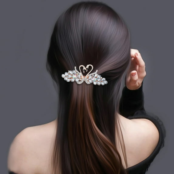 opvise Shining Rhinestone Elegant Hair Barrette Shining Swan Women Hair Clip White