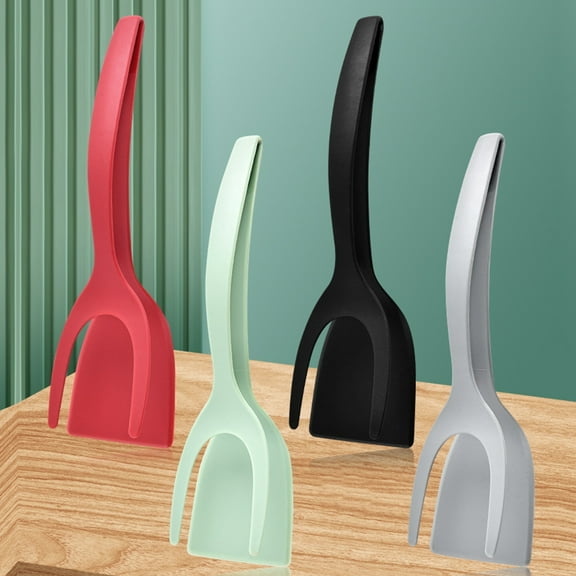 opvise Silicone Steak Spatula Food Clip Anti-slip Long Handle Multifunctional 2-in-1 Multifunction Meat Frying Egg Toast Serving Clamp Tong Kitchen Supplies Black