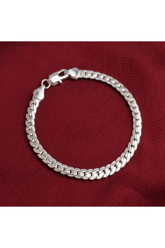 Simple Flat Curb Silver Plated Chain Lobster Clasp Bracelet Women Jewelry