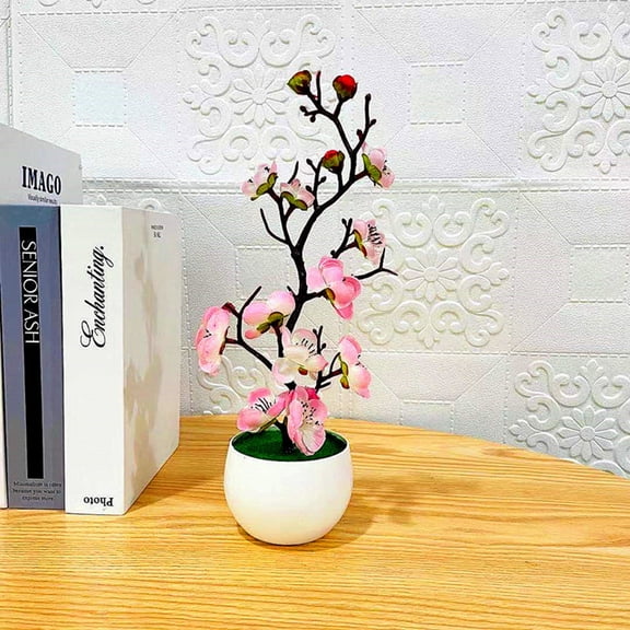 opvise Simulation Bonsai Realistic Anti Fade Faux Silk Flower Nice-looking Fake Plum Blossom Flower Plant for Mothers Day White