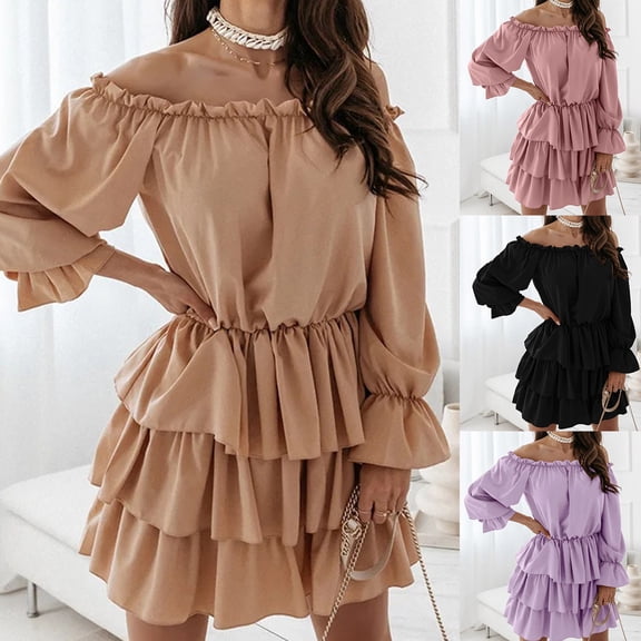 opvise Slash Neck Solid Color Mini Dress Women Long Sleeve Ruffle Hem Tunic Cake Dress Streetwear Black