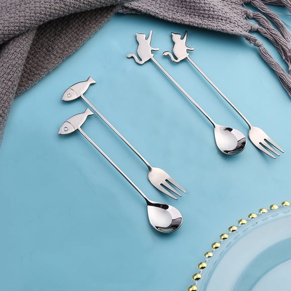 opvise Stainless Steel Long Handle Coffee Stirring Spoon Cake Fork Tableware Supplies Primary Color
