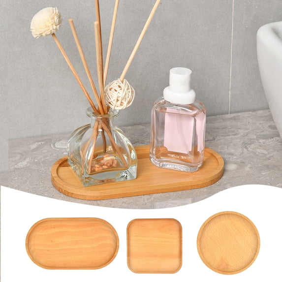 opvise Storage Tray Multipurpose 4 Shapes Solid Wood Square Rectangle Round Ellipse Dinner Breads Plate 13cm