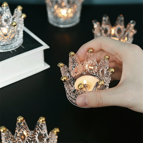 opvise Three-dimensional Storage Tray Decorative Glass Crown Shape Makeup Sponge Holder for Desktop Golden