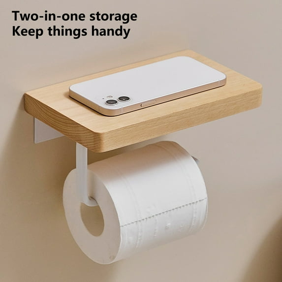 opvise Tissue Rack Strong Bearing Capacity Punch Free Wooden Bathroom Toilet Wall Hanging Paper Roll Holder Tool for Dorm I Black