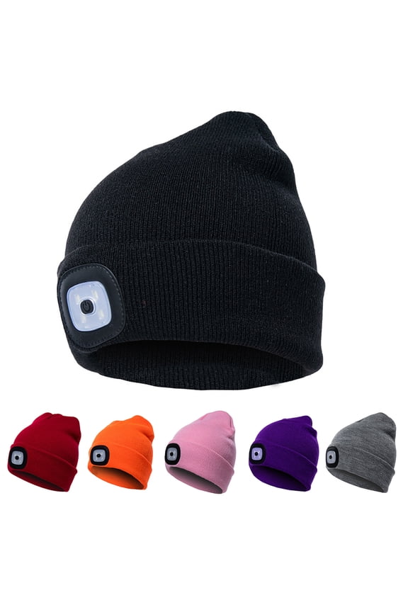 Unisex Winter LED Light Luminous Warm Knitted Hat Outdoor Camping Head Lamp Cap Black