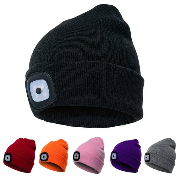opvise Unisex Winter LED Light Luminous Warm Knitted Hat Outdoor Camping Head Lamp Cap White