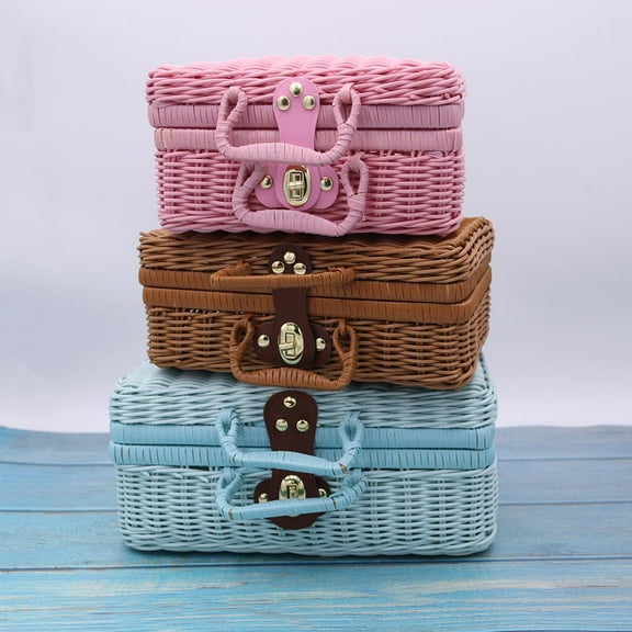 opvise Vintage Rattan Woven Storage Case Makeup Holder Suitcase Sundries Organizer Box Sky Blue