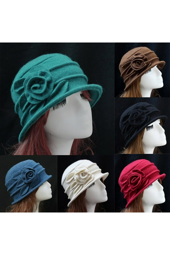 Vintage Women Wool Church Cloche Flapper Hat Lady Bucket Winter Flower Cap Red