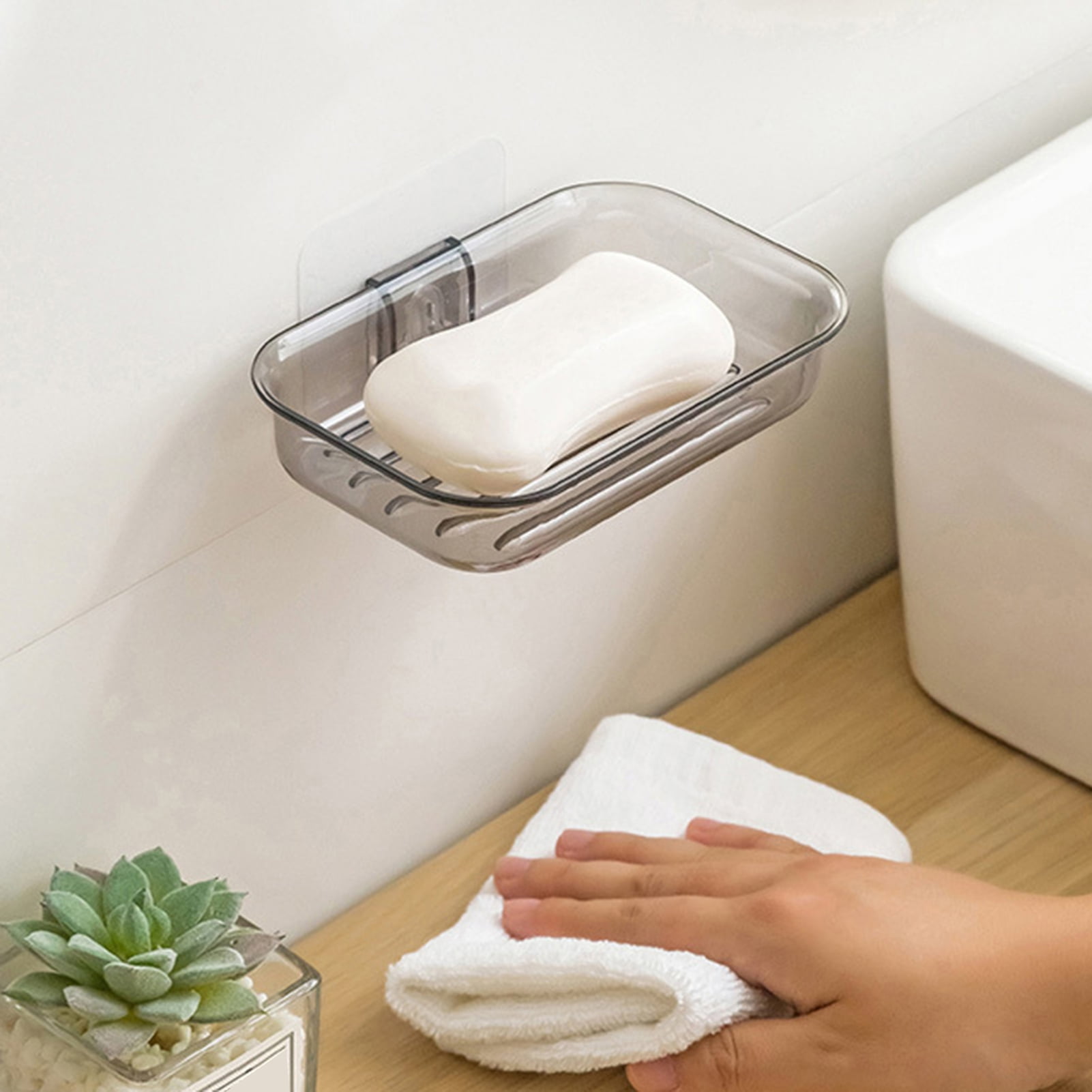 opvise Wall Mount Soap Dish No Drill Modern Clear PET Quick Drain Countertop Kitchen Bathroom ...