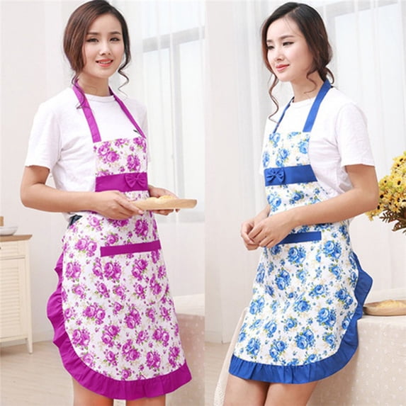 opvise Women Bib Floral Print Bowknot Kitchen Restaurant Cooking Pocket Dress Apron Purple