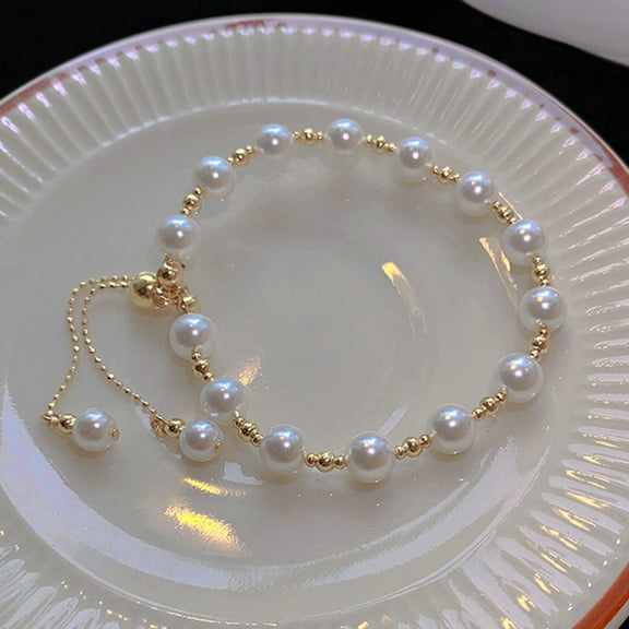 opvise Women Bracelet Beaded Adjustable Elegant Dainty Simple Style Gift Golden High Gloss Faux Pearl Girls Bracelet Jewelry