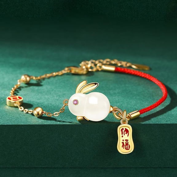 opvise Women Bracelet Chinese Style Fu Character Auspicious Pendant Gift Half Red Rope Half Chain Faux Jade Rabbit Bangle for Daily
