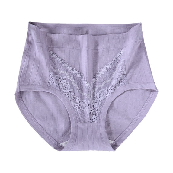 opvise Women Briefs Solid Color Lace Cotton High Waist Female Pants Underwear Inside Wear Grey 4XL