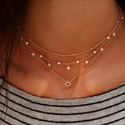 opvise Women Multi Layer Rhinestone Inlaid Star Pendant Chain Necklace Jewelry Gift Golden