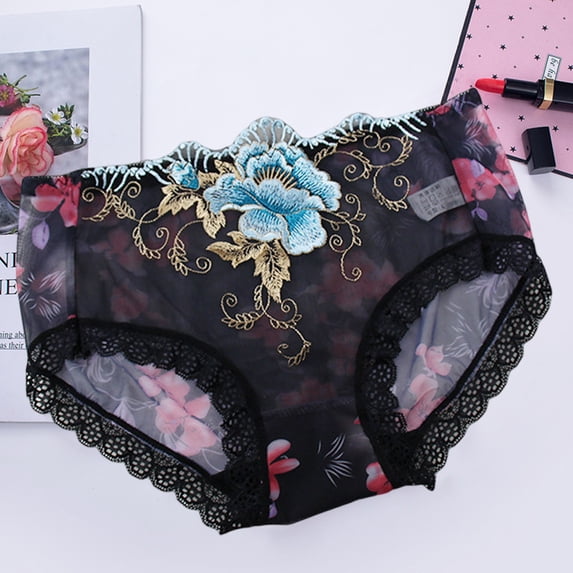opvise Women Panties Rose Embroidery Flower Print Mid Waist Stretch See-through Lace Sexy Briefs Pink M
