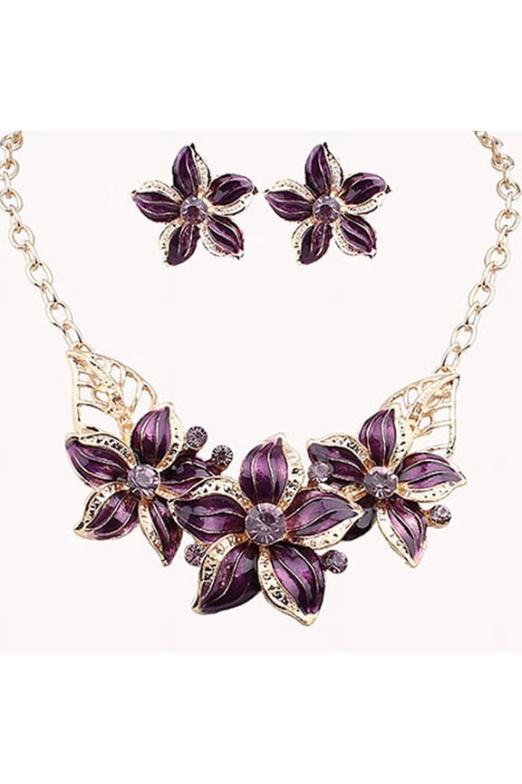 Women Rhinestone Flower Statement Pendant Necklace Earrings Jewelry Set