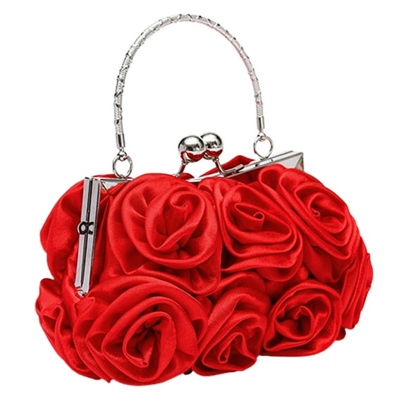 opvise Women Rose Flower Pattern Faux Silk Handbag Bridal Clutch Bag for Wedding Evening Party