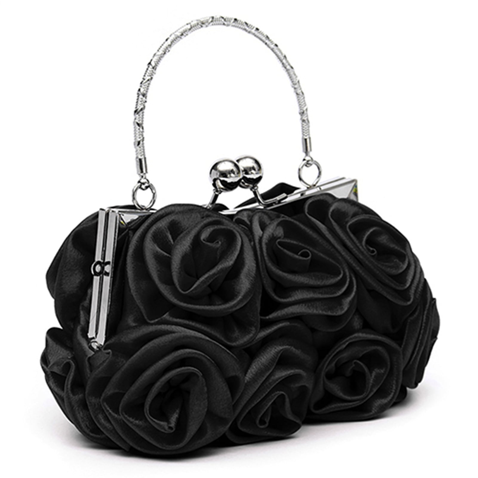 opvise Women Rose Flower Pattern Faux Silk Handbag Bridal Clutch Bag for Wedding Evening Party