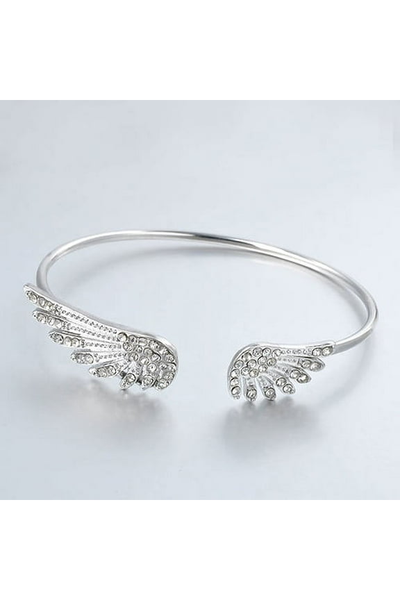 Women Silver Color Rhinestone Angel Wings Bangle Cuff Bracelet Jewelry