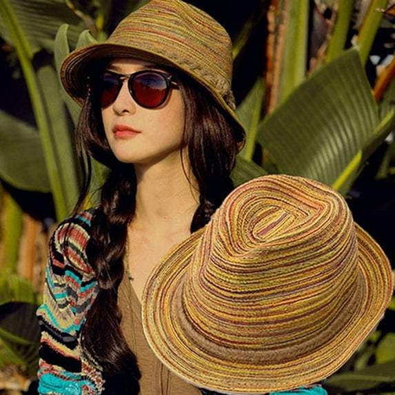 opvise Women Summer Bohemia Style Straw Hats Foldable Striped Braided Rope Beach Sun Hat A