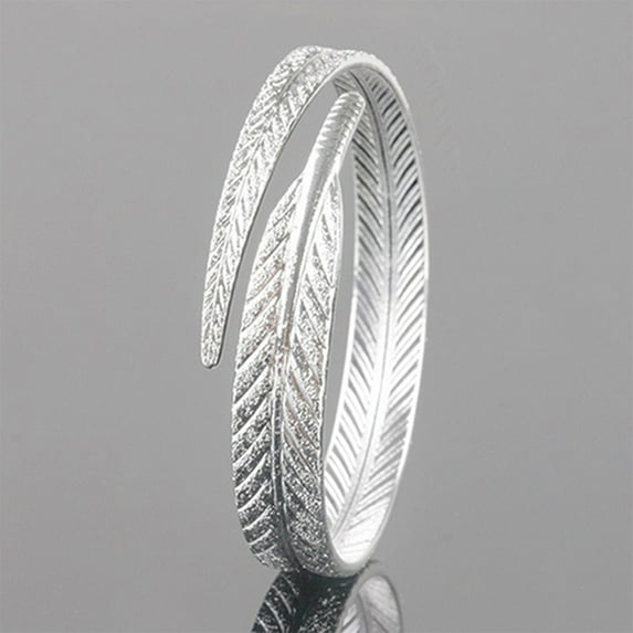 opvise Women Vintage Silver Plated Feather Cuff Bracelet Adjustable Opening Bangle Jewelry