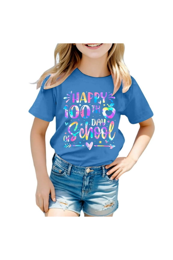 100 Days of School Shirt Girls T Shirts Child Short Sleeve Letter Prints Casual Trendy Top Size 3 Y-4 Y